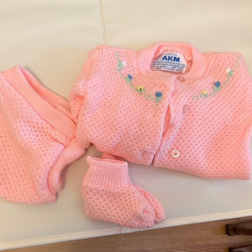 AKM Pink Knit Baby Set with Floral Embroidery